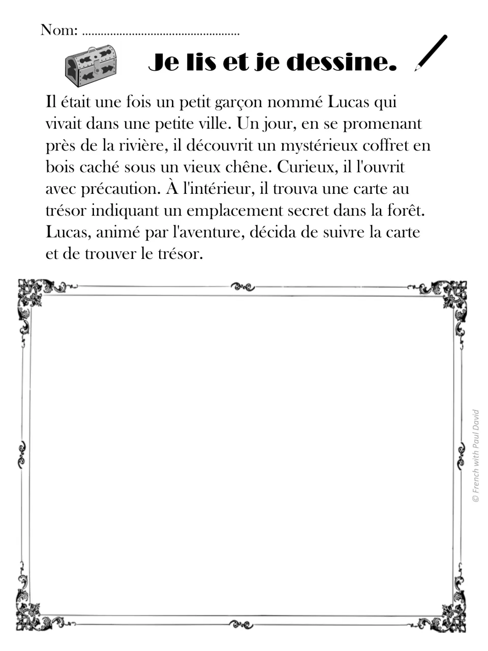French story of Lucas finding a treasure map in a wooden chest: students read it and draw a key scene in the frame below