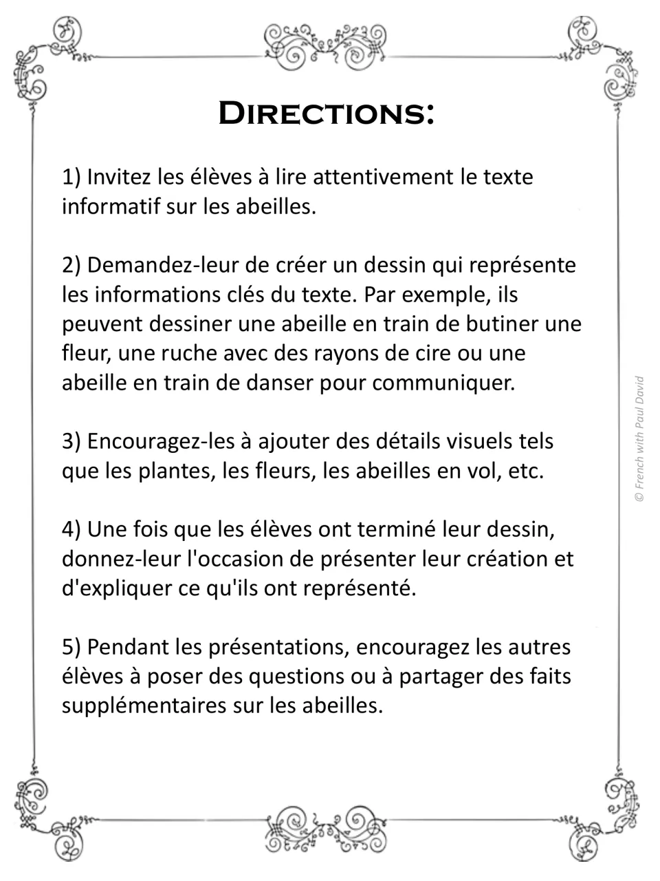 Teacher directions in French for the bee text: students draw a bee on a flower, a hive or a bee dance, then present it