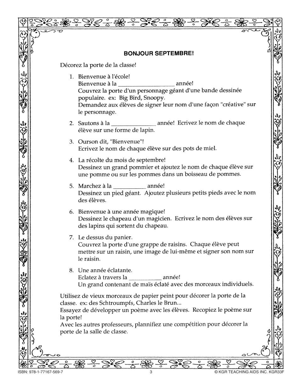 French teacher guide: Bonjour septembre! (Hello, September!) gives eight classroom door decoration ideas