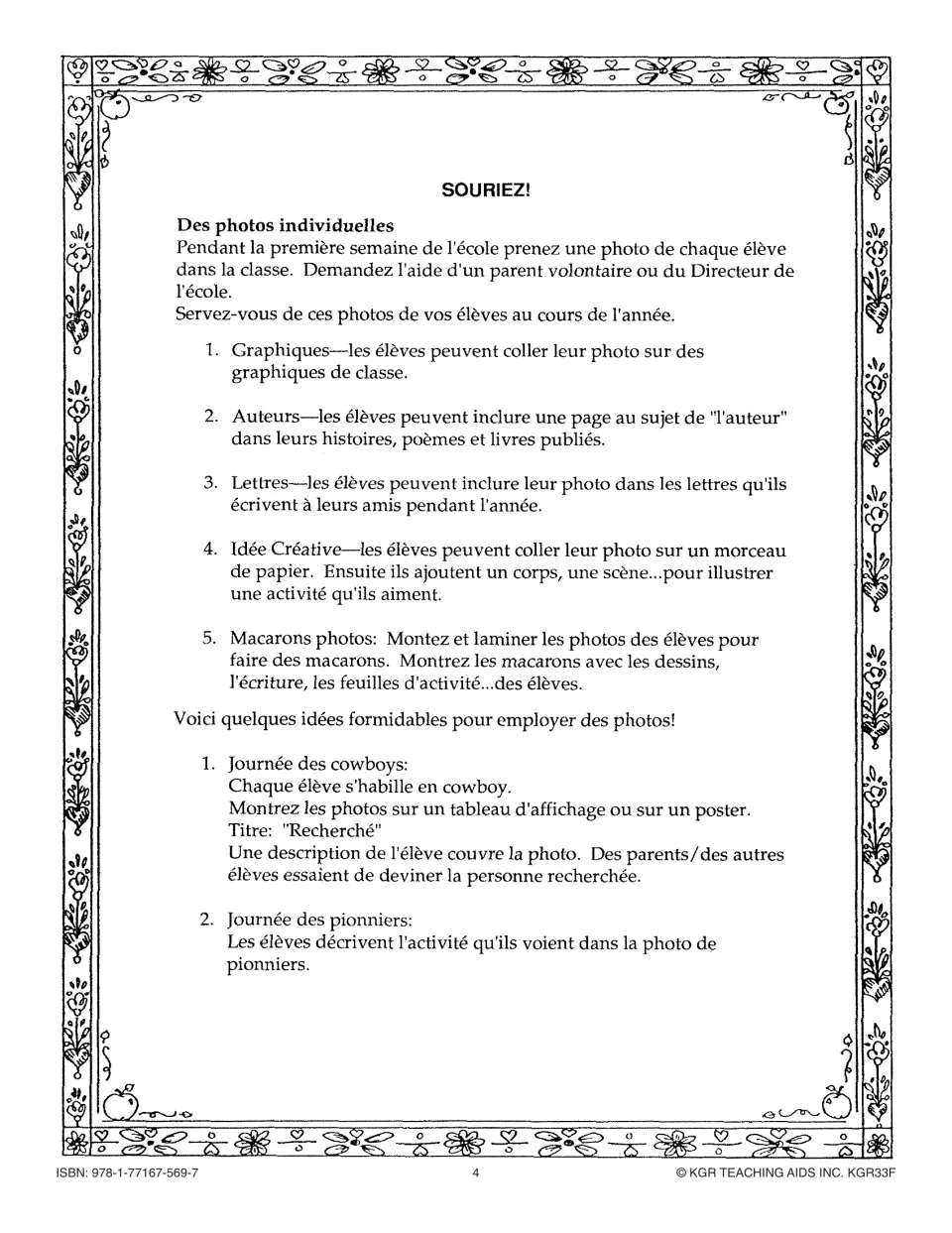 French teacher guide: Souriez! (Smile!) suggests student photo uses and cowboy and pioneer photo activities