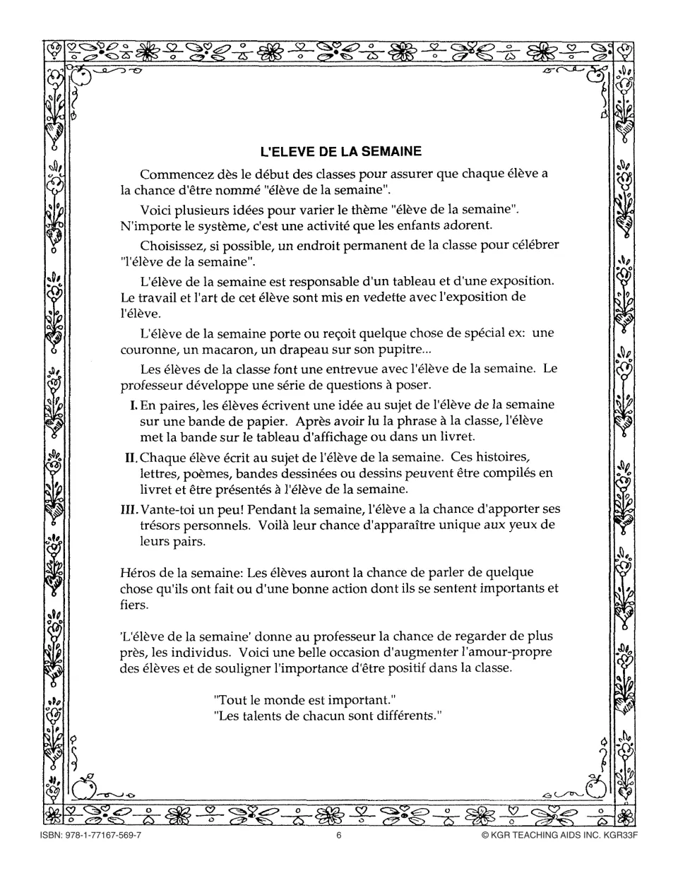 French teacher guide for student of the week includes interviews, peer writing, displays, and sharing treasures