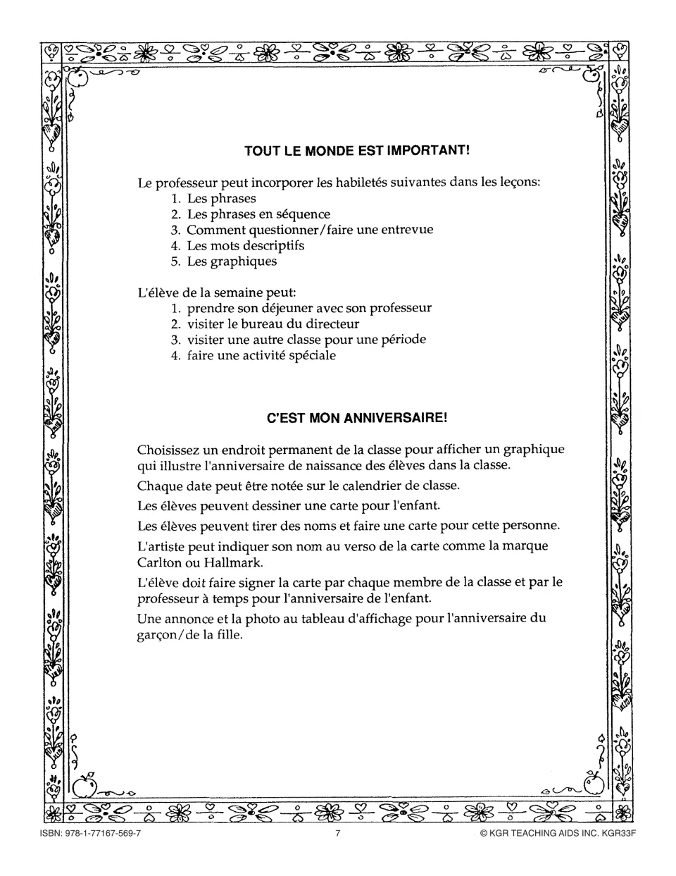 French teacher guide adds student of the week skills and privileges, plus birthday charts, cards, and notices