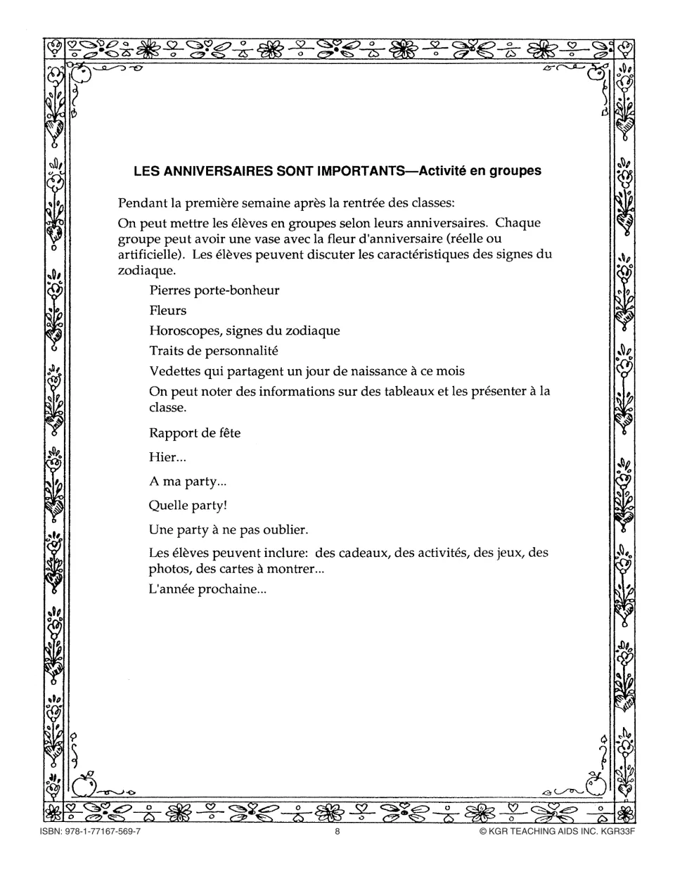 French teacher guide groups students by birthdays to explore birthstones, flowers, zodiac signs, and party reports