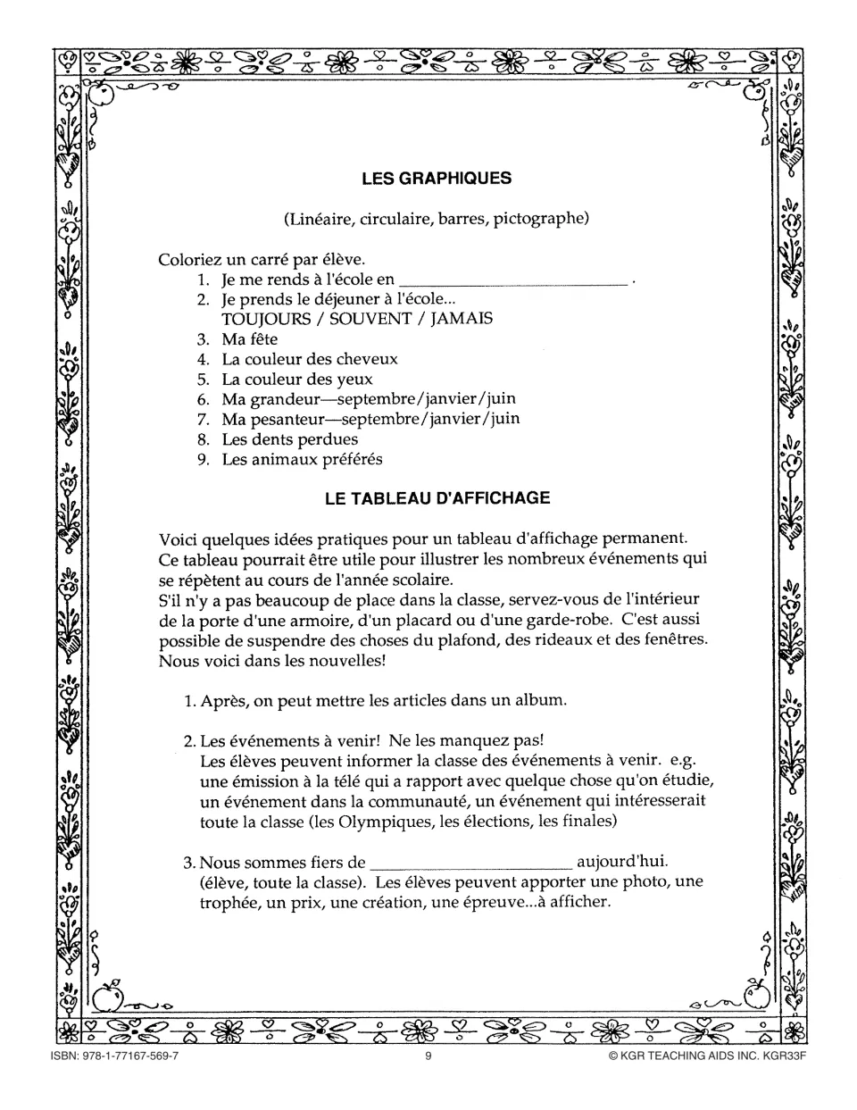 French teacher guide lists nine class graph topics and bulletin board ideas for news, events, and achievements
