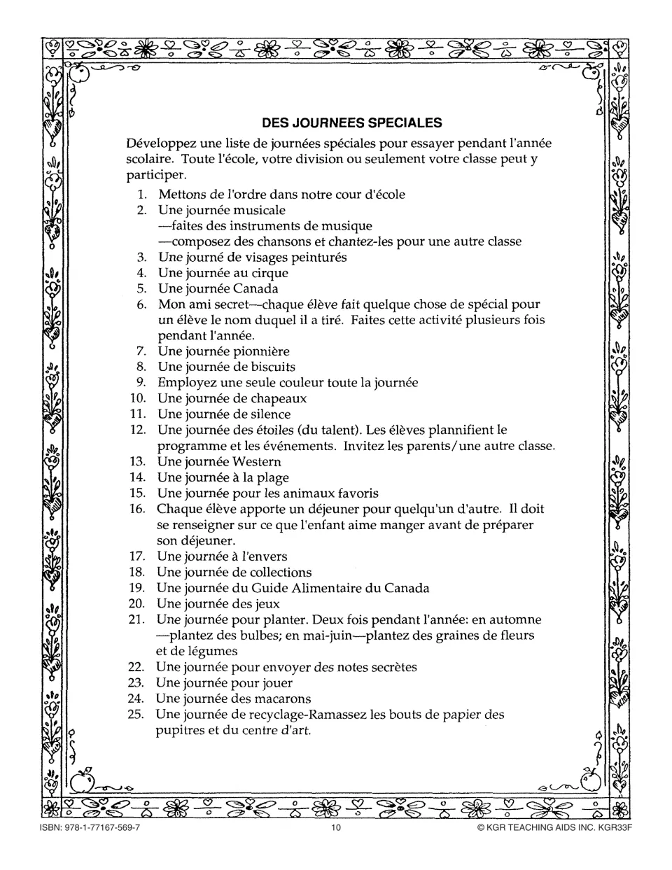 French teacher guide lists 25 special school days, including music, hats, talent, planting, games, and recycling