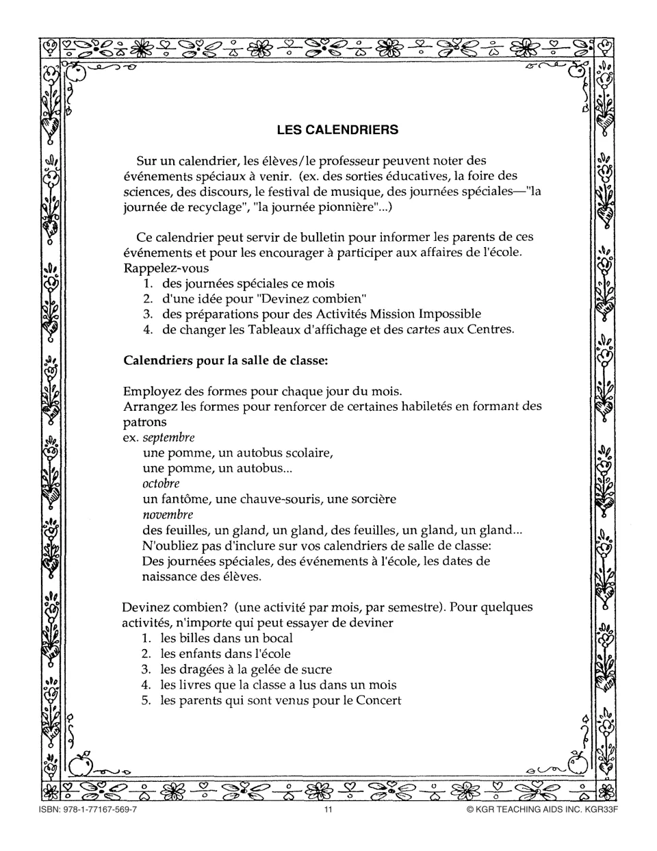 French teacher guide covers event calendars, monthly shape patterns, parent updates, and five estimation prompts