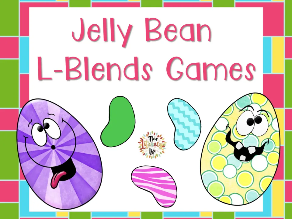 Cover of Jelly Bean L-Blends Games showing smiling cartoon Easter eggs and colorful jelly beans around the bold pink title
