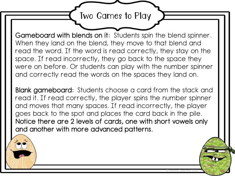 Directions for two games: spin the blend spinner and read words on the blends board, or draw word cards on the blank board