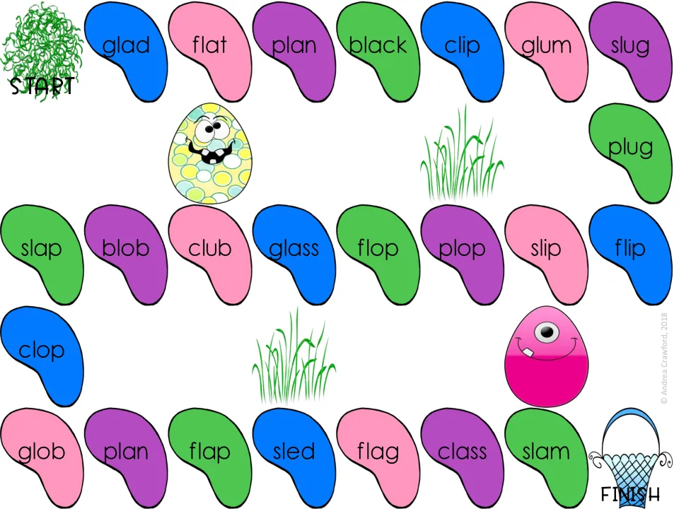 L-blend gameboard path from START to FINISH; students read short-vowel jelly bean words like glad, slug and flip