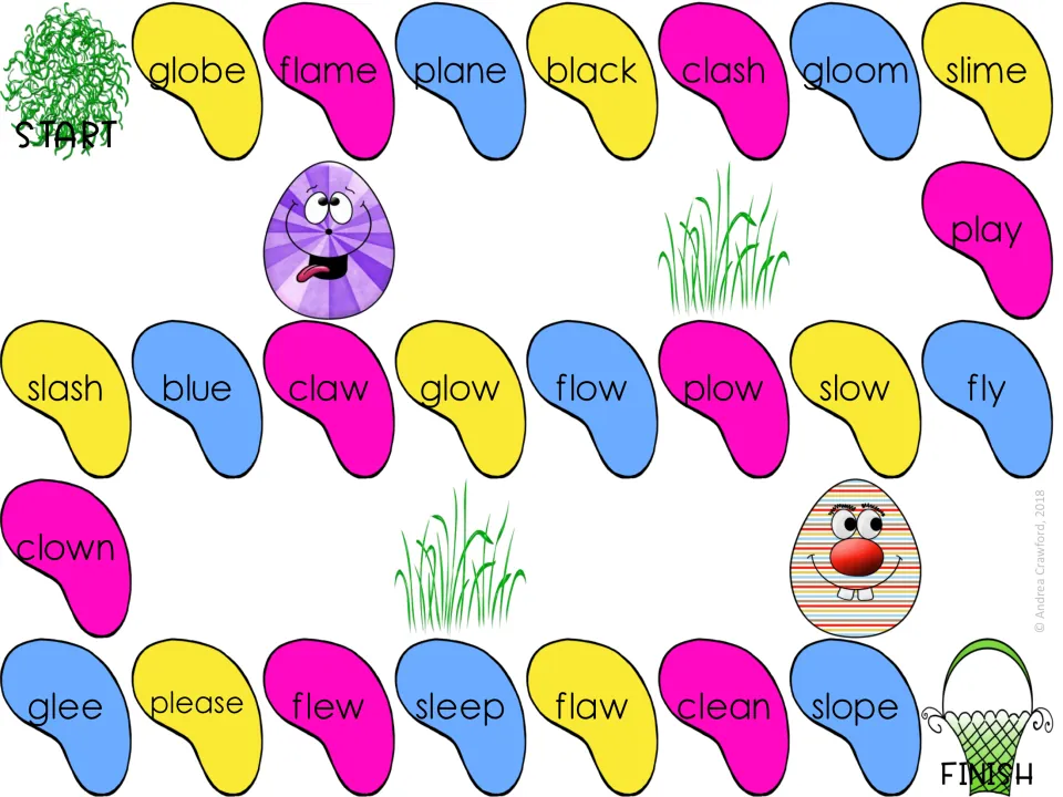Advanced l-blend gameboard: students read words with harder vowel patterns, such as globe, flame, gloom, play and clown