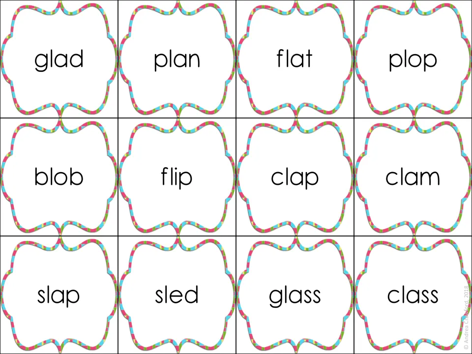 Short-vowel l-blend word cards to cut out: glad, plan, flat, plop, blob, flip, clap, clam, slap, sled, glass and class