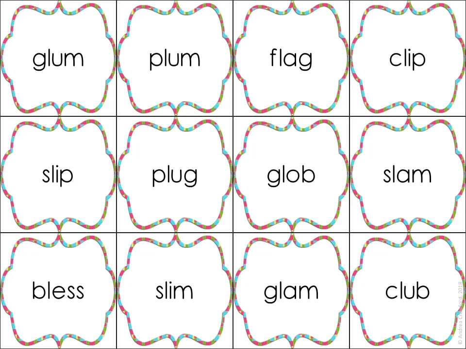 More short-vowel l-blend cards for reading: glum, plum, flag, clip, slip, plug, glob, slam, bless, slim, glam and club