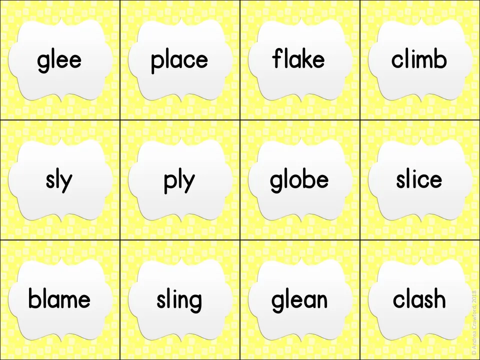 Advanced l-blend word cards on yellow: glee, place, flake, climb, sly, ply, globe, slice, blame, sling, glean and clash