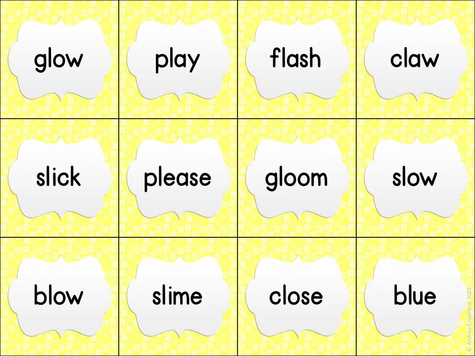 Second advanced l-blend card set: glow, play, flash, claw, slick, please, gloom, slow, blow, slime, close and blue