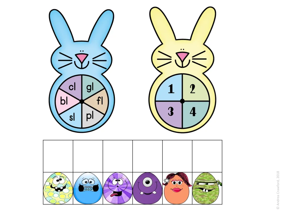 Bunny spinners for the games: one with bl, cl, fl, gl, pl and sl blends, one numbered 1 to 4, plus six egg character pawns