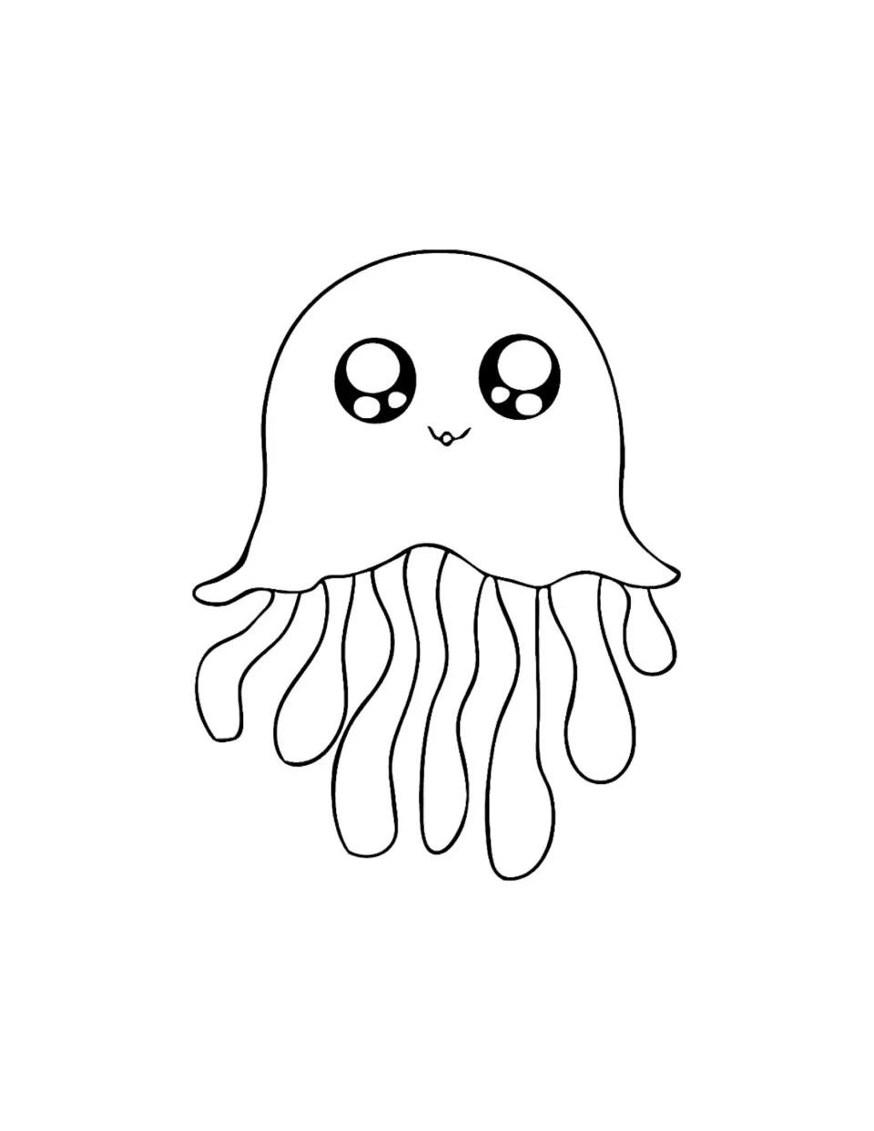 Cute jellyfish to color with big shiny eyes, a tiny smile and rounded, wavy tentacles hanging below its bell