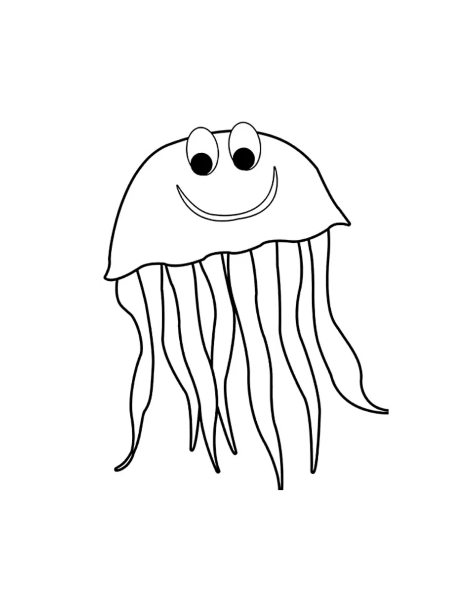 Smiling cartoon jellyfish to color, with googly eyes, a wide grin and long, thin tentacles drifting below
