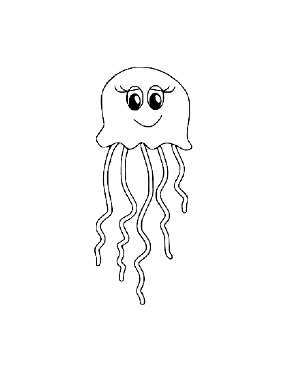 Small jellyfish character to color, with eyelashes, a gentle smile and five long, curly tentacles hanging straight down