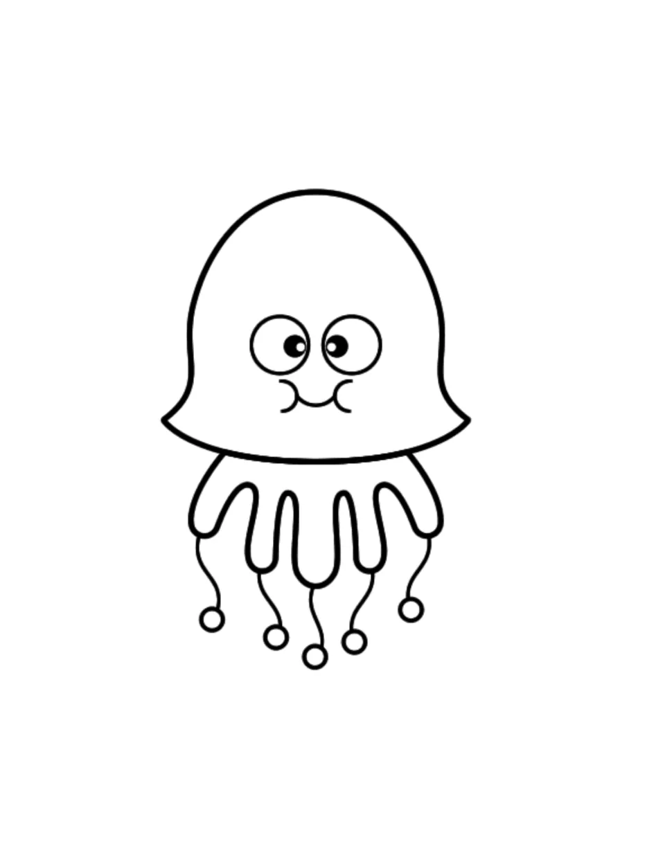 Silly jellyfish to color with a bell-shaped head, cross-eyed look, puffed cheeks and tentacles ending in small circles