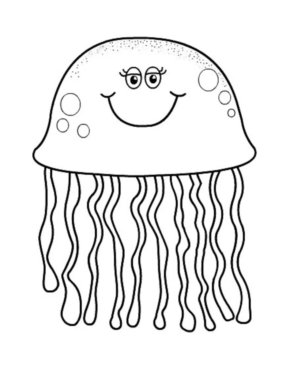 Big jellyfish to color with a dotted dome, bubble spots, lashed eyes, a wide smile and a curtain of many wavy tentacles