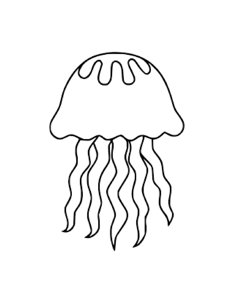 Plain jellyfish outline to color, no face, with wavy loops at the top of its bell and ribbon-like tentacles