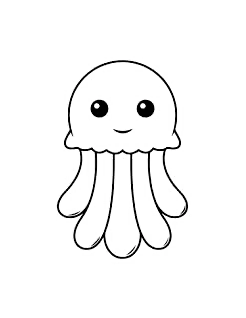 Round baby jellyfish to color, with dot eyes, a small smile, a scalloped bell rim and five thick, rounded tentacles