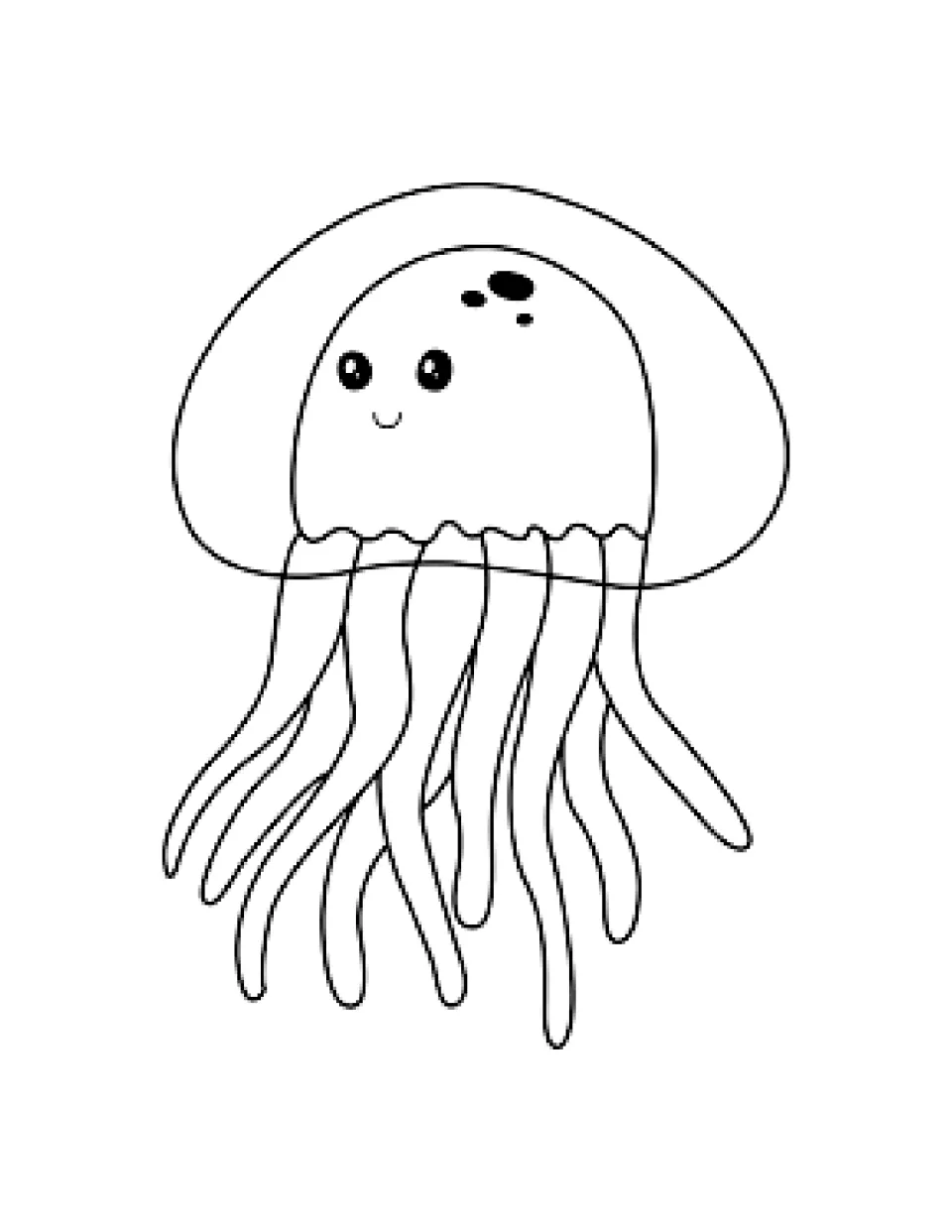 See-through jellyfish to color, its smiling face inside a wide outer bell, with spots on top and overlapping tentacles