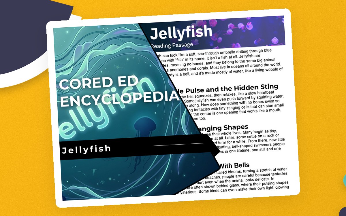 Jellyfish reading-comprehension cover showing underwater jellyfish artwork, informational passage and Cored Ed Encyclopedia branding.