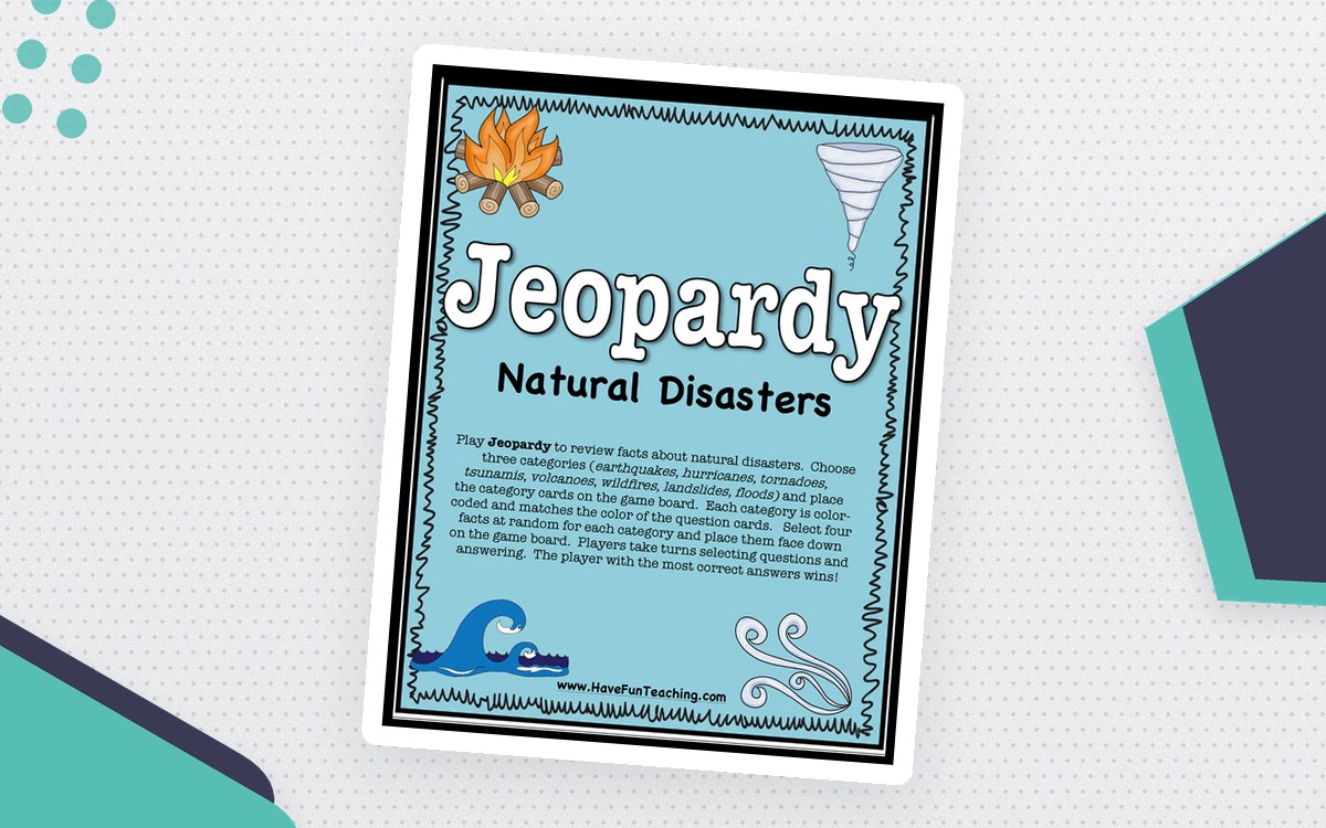 Natural Disasters Jeopardy activity cover with fire, tornado, wave and wind illustrations.
