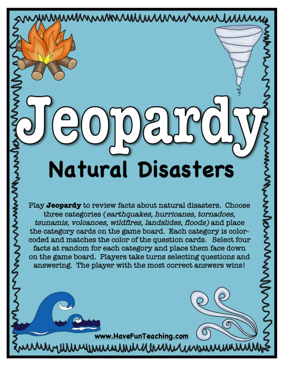 Natural disasters Jeopardy cover with rules: choose three of eight categories, place four facts each, take turns answering