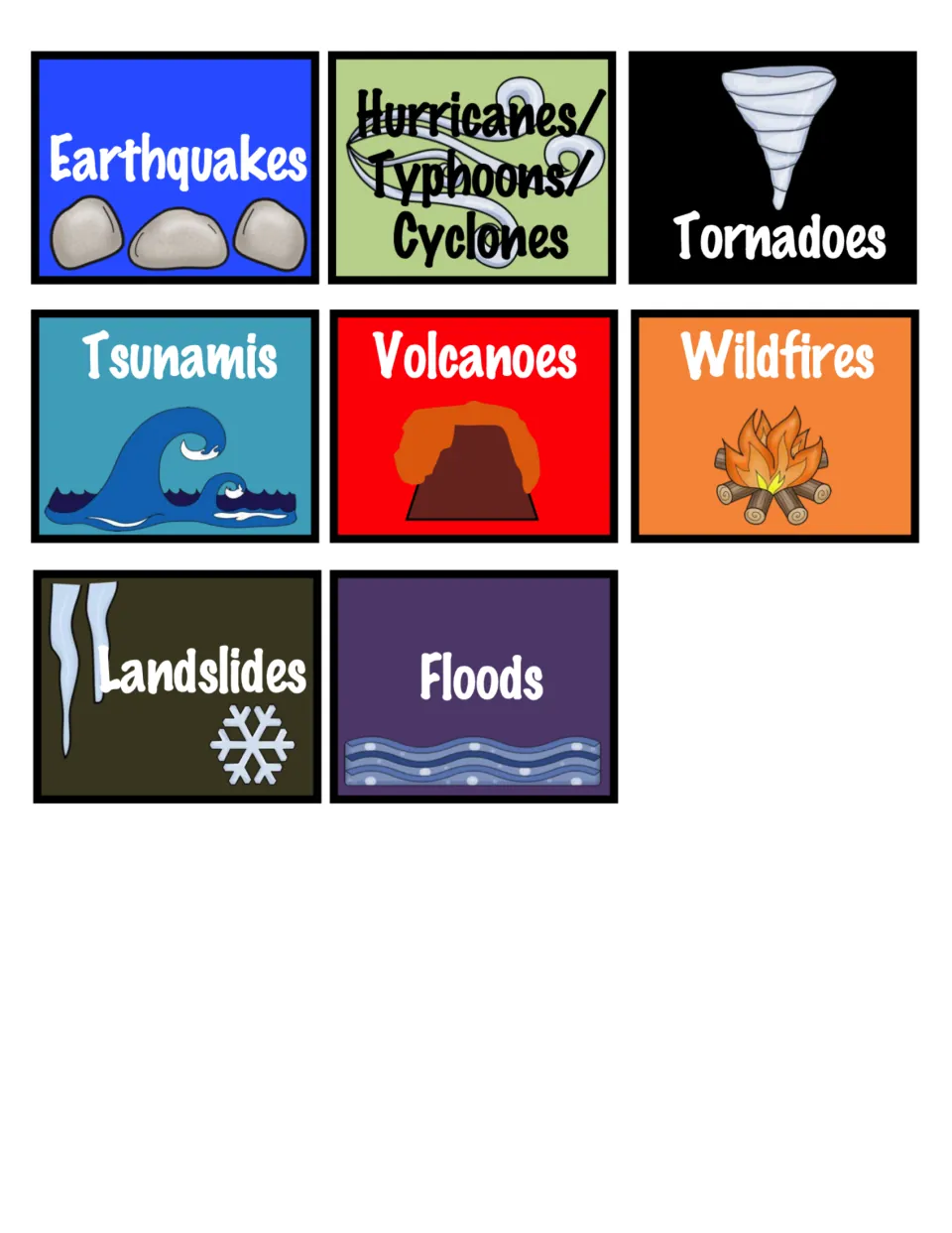 Color-coded category cards: earthquakes, hurricanes, tornadoes, tsunamis, volcanoes, wildfires, landslides and floods