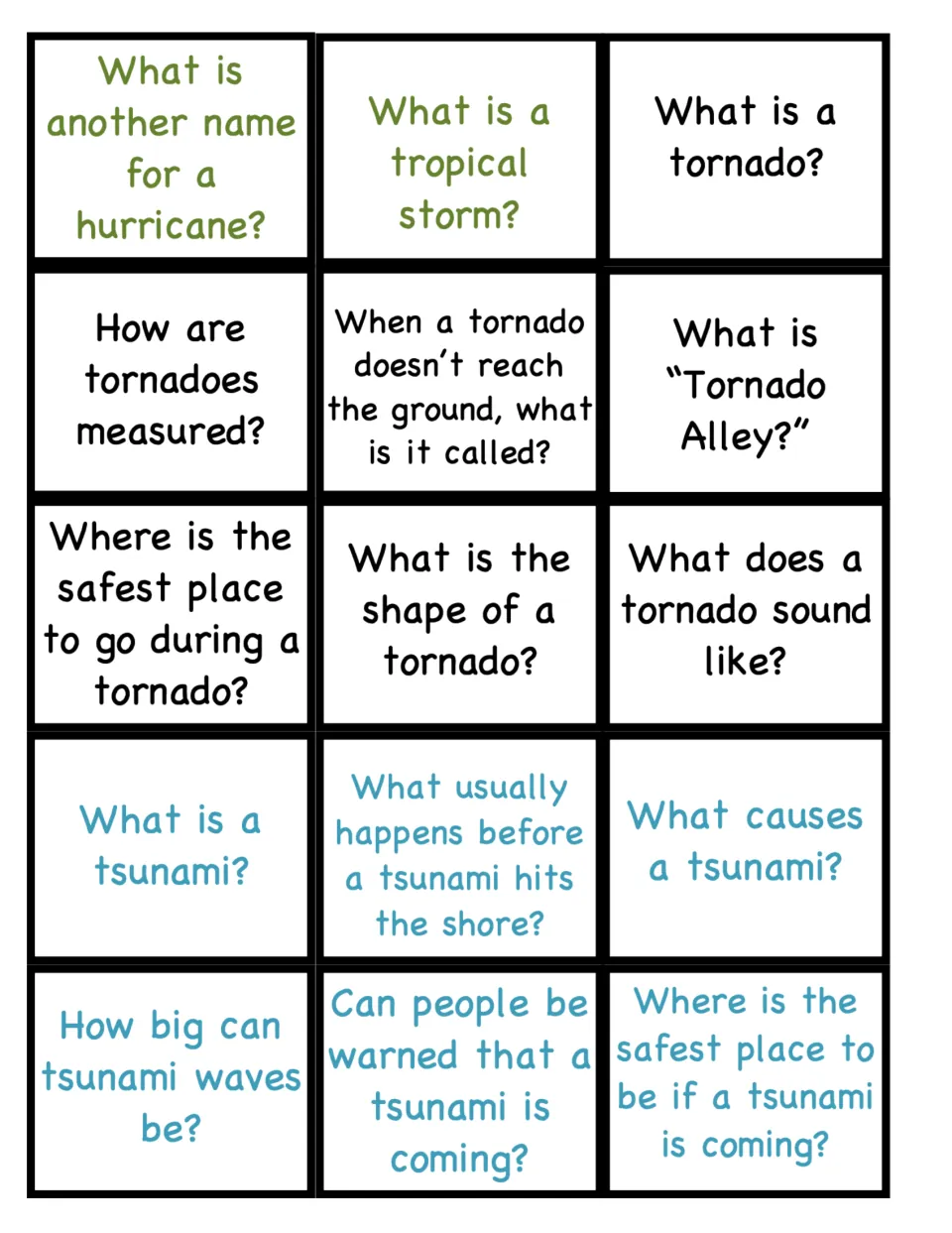 Question cards on hurricanes, tornadoes and tsunamis, such as what is Tornado Alley and what is a tropical storm