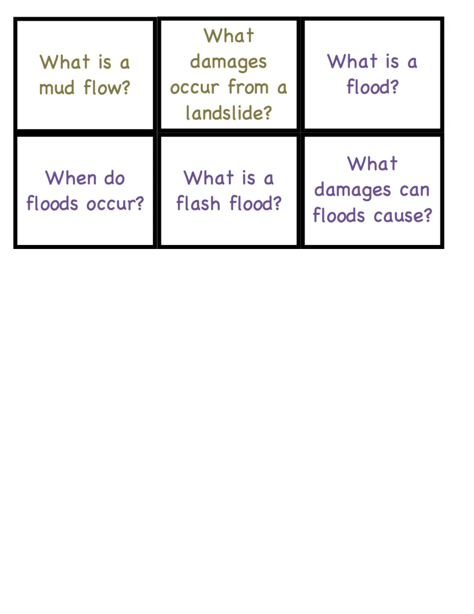 Last six game cards: mud flow and landslide damage questions, then four purple ones such as what is a flash flood
