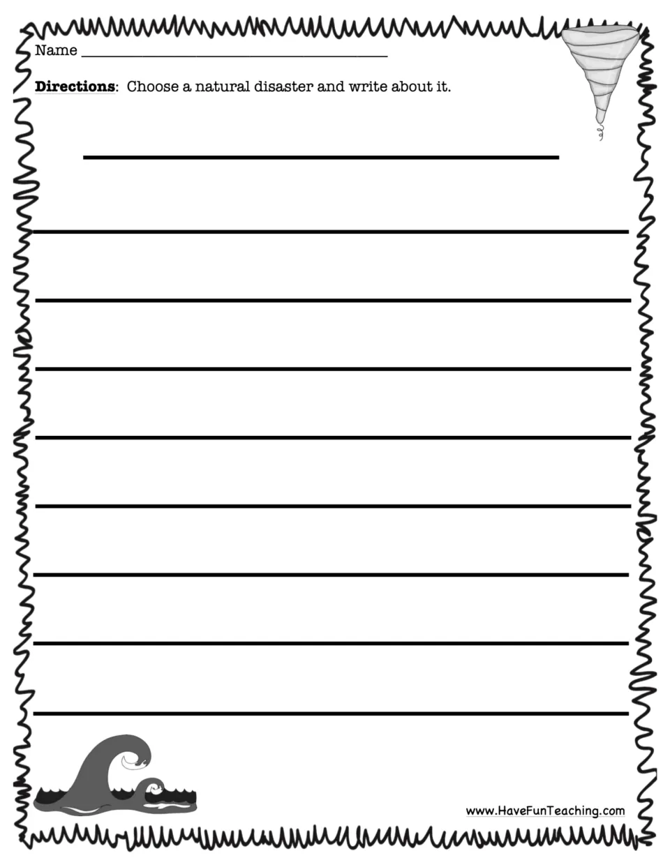 Natural disaster writing task: students pick one, write a title and a short piece about it, with a space for their name