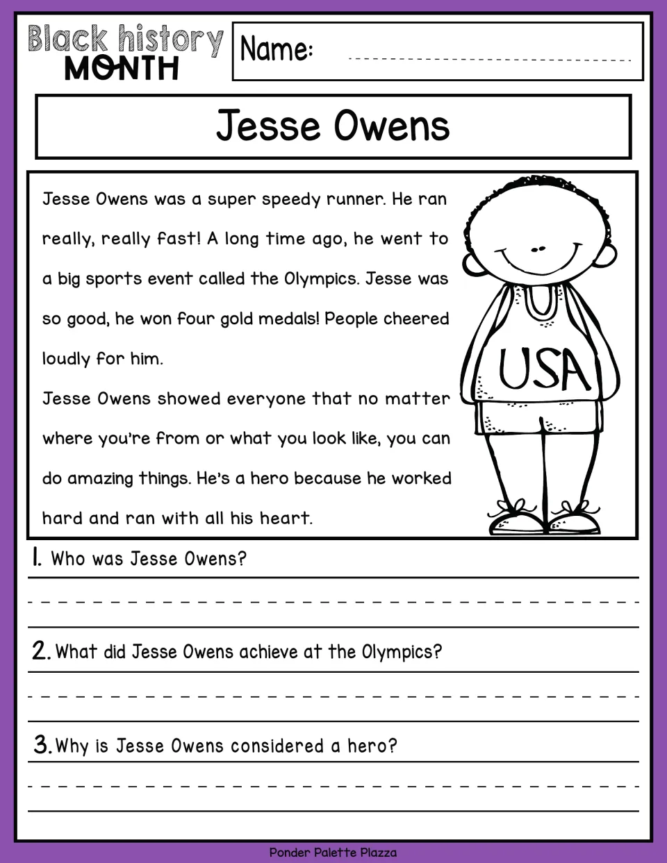 Jesse Owens biography passage: students read about his four Olympic gold medals and answer 3 comprehension questions