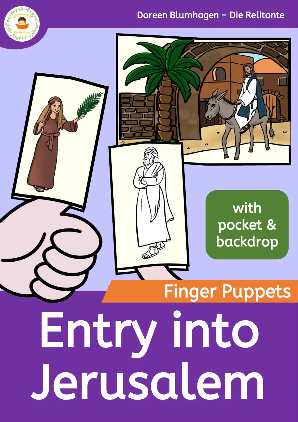 Entry into Jerusalem finger puppets cover showing Jesus on a donkey and palm-waving puppets, with a pocket and backdrop