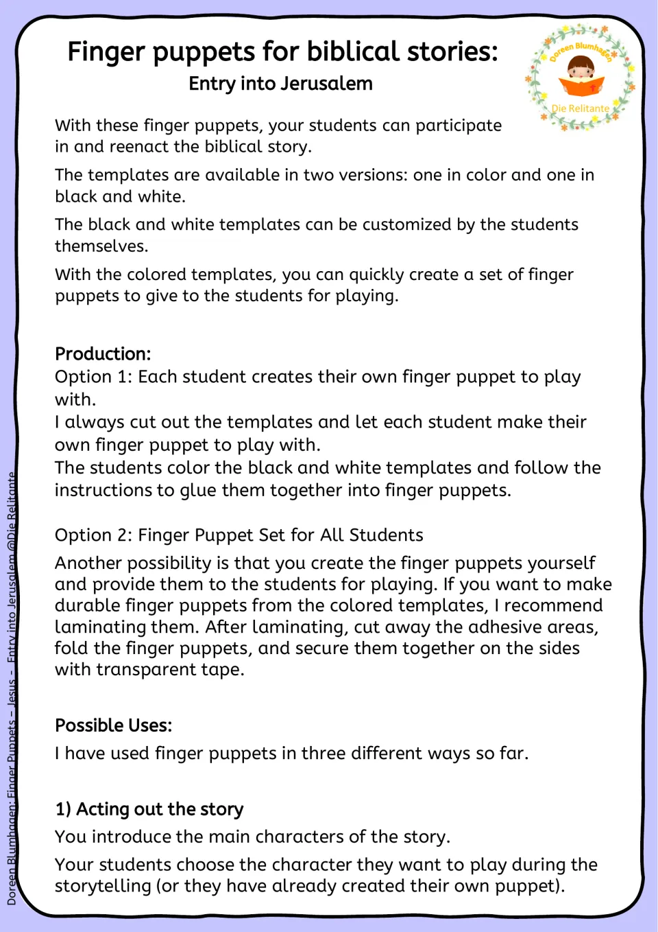 Teacher notes on the puppets: color and black-and-white versions, two ways to make them, and acting out the story