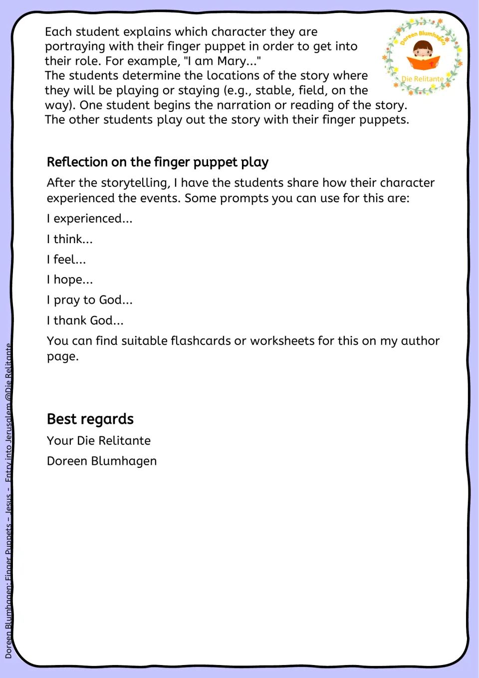 Reflection after the puppet play: students share how their character felt using prompts like I think, I feel, I thank God