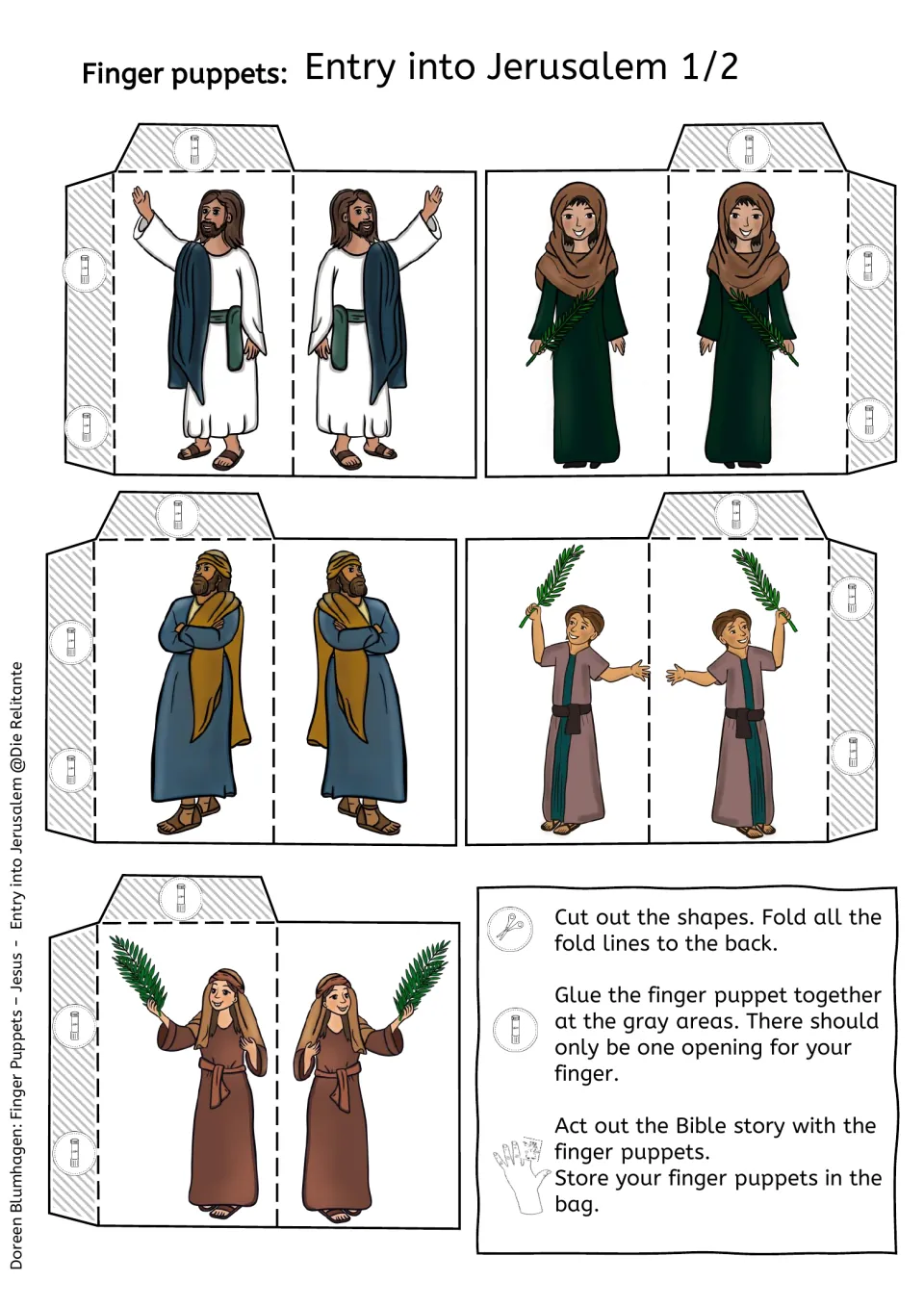 Color puppet cut-outs 1 of 2: Jesus, a man with arms folded and three palm-waving followers to cut, fold and glue