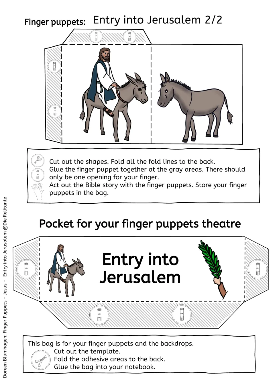 Color cut-outs 2 of 2: Jesus riding a donkey puppet, plus a pocket labeled Entry into Jerusalem to glue into a notebook
