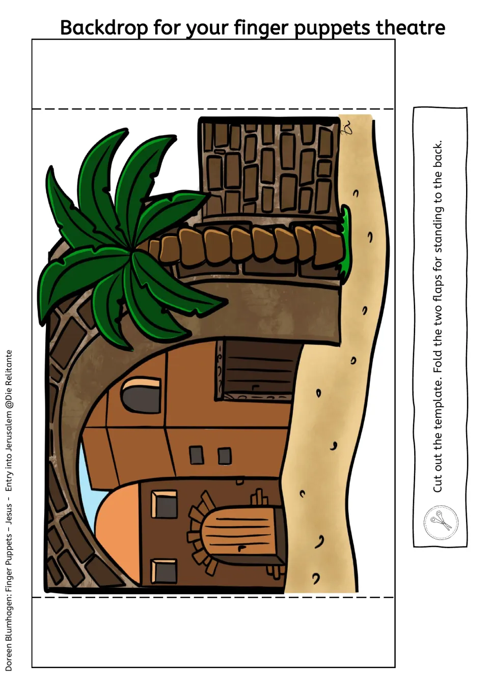 Color backdrop of a city gate with a palm tree and sandy road; students cut it out and fold two flaps so it stands up