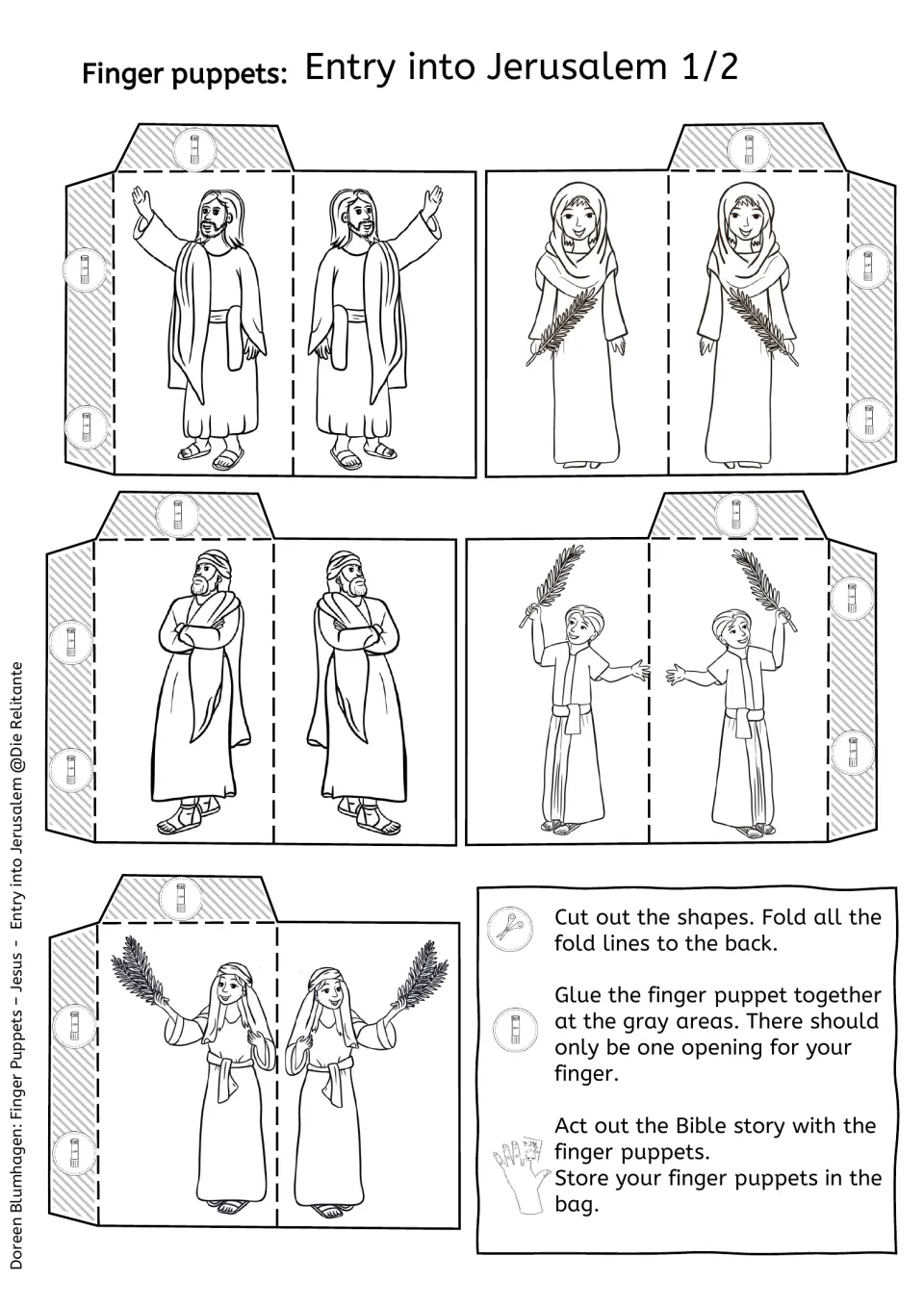Black-and-white puppet templates 1 of 2 for students to color: Jesus, a man with arms folded and three people with palms