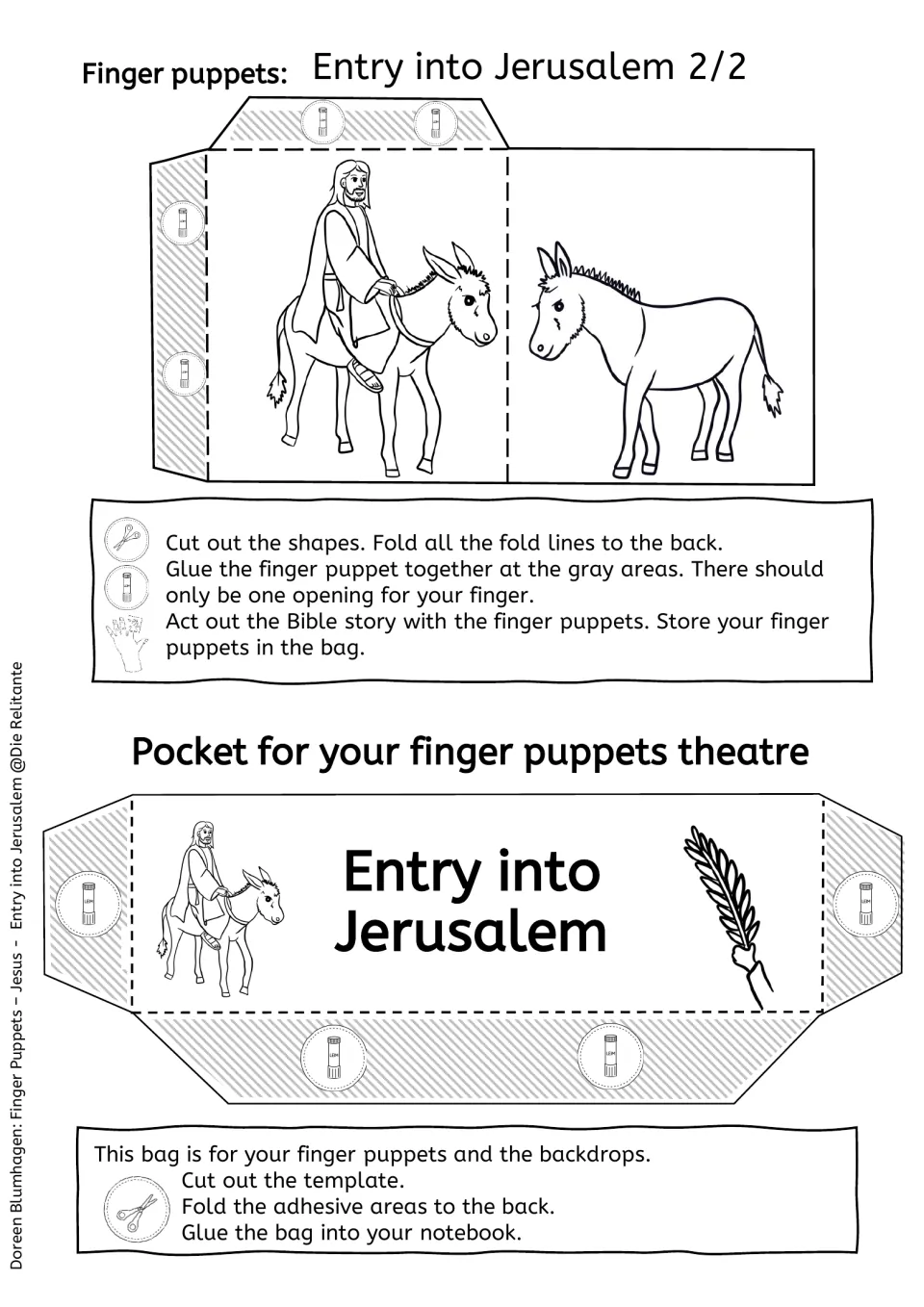 Black-and-white Jesus-on-a-donkey puppet and story pocket to color, cut, fold and glue into a notebook for storage