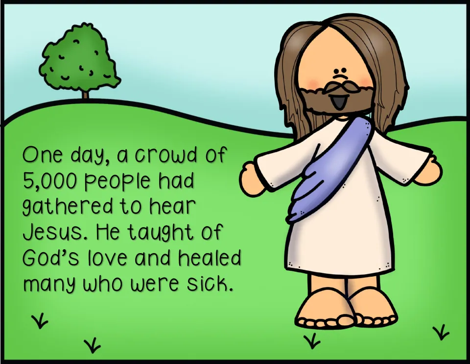 Color story page 2: a crowd of 5,000 gathers to hear Jesus teach about God's love and heal sick people