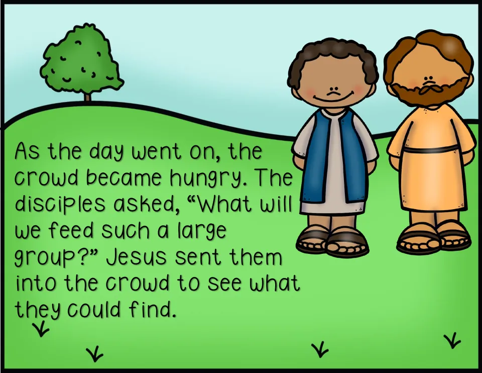 Color story page 3: the hungry crowd needs food, and Jesus sends the disciples to see what they can find
