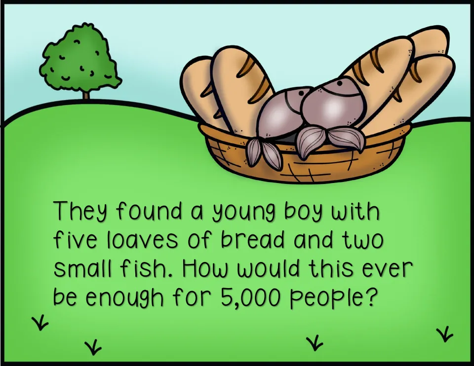 Color story page 4: a boy has five loaves and two small fish, raising the question of feeding 5,000 people