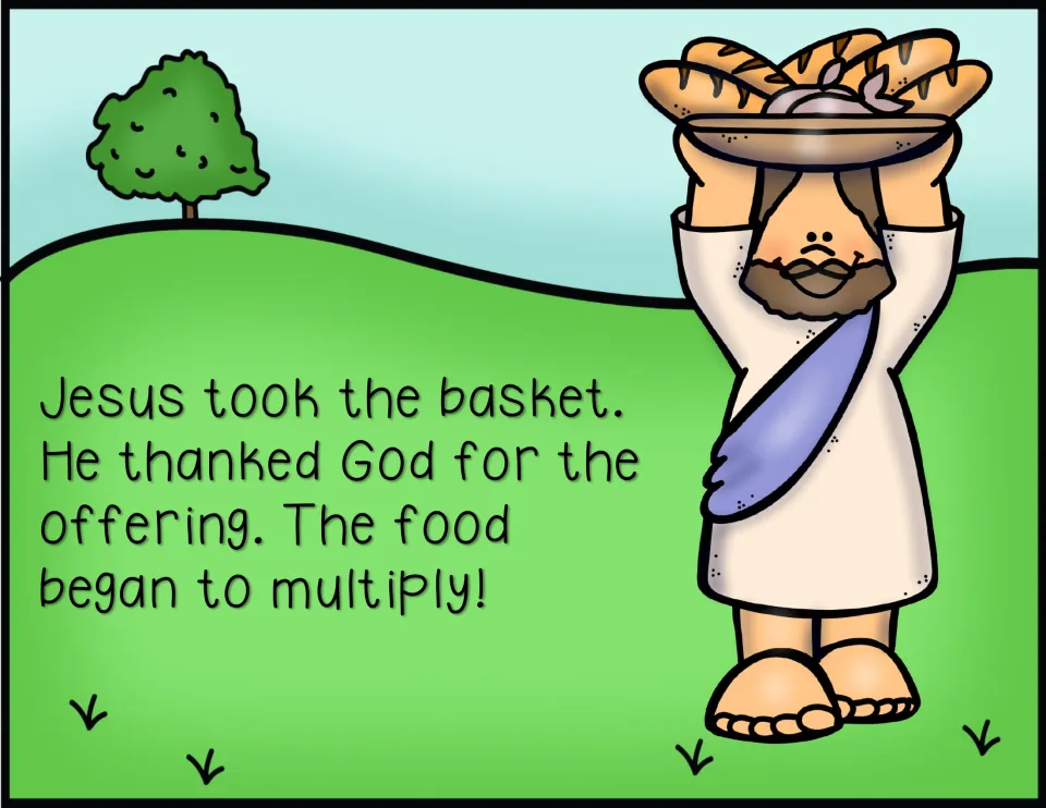 Color story page 5: Jesus takes the basket and thanks God for the offering, and the food begins to multiply