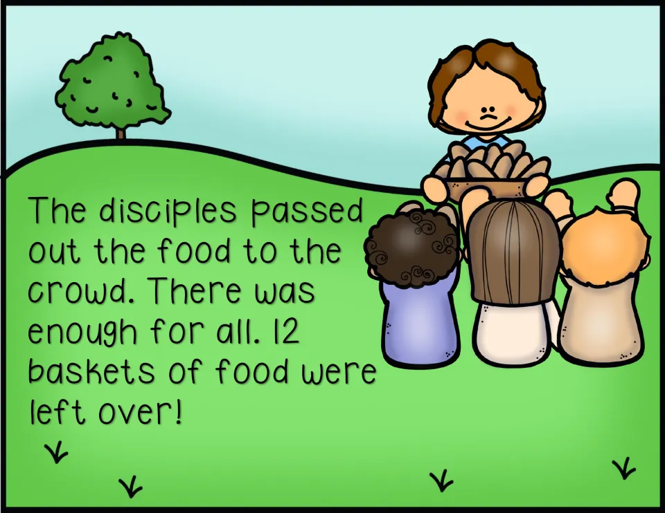 Color story page 6: the disciples pass out food, everyone has enough, and 12 baskets of food are left over