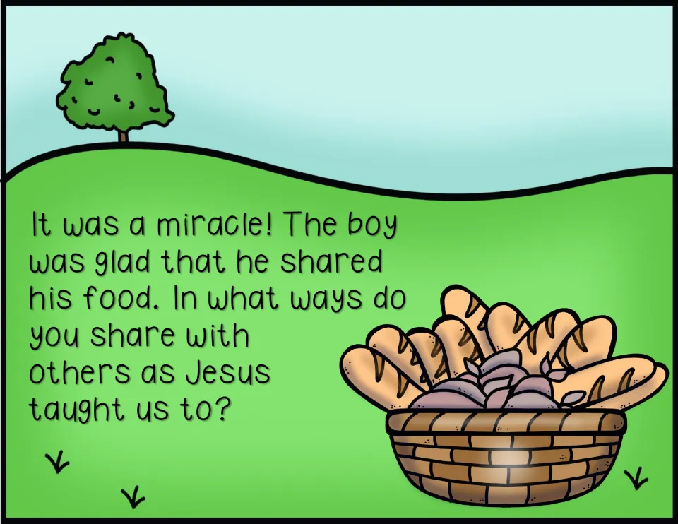 Color story page 7: the boy is glad he shared his food, and readers are asked how they share with others