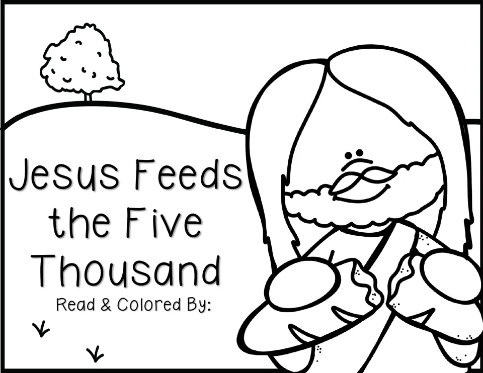 Black-and-white story cover shows Jesus holding bread and includes 'Read & Colored By' for the reader's name
